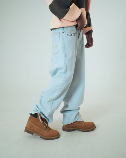 FRINGED BAGGY DENIM PANTS STONEWASHED